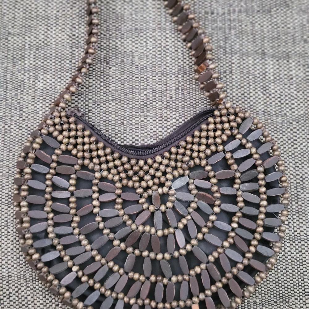 Vintage Wooden Beaded Boho Semicircle Carry Purse Zip Close  Brown Tones